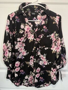 by & by Black Button-Front Blouse with Pink Floral Print size XS